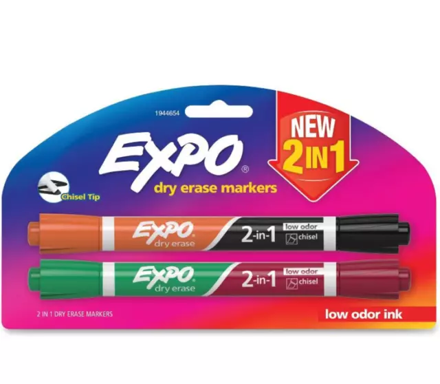 Expo Dual 2-In-1 Low Odor Dry Erase Whiteboard Glass Markers Chisel Tip 2PK