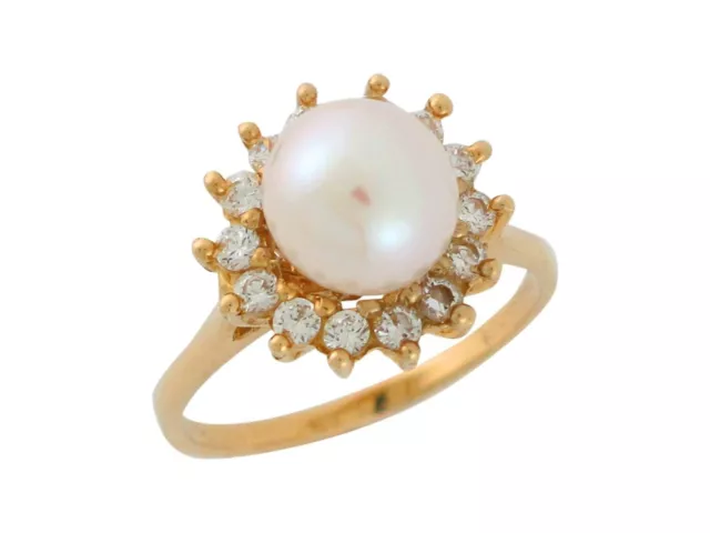 10k or 14k Yellow Gold Freshwater Cultured Pearl & CZ Halo Ladies Thin Band Ring