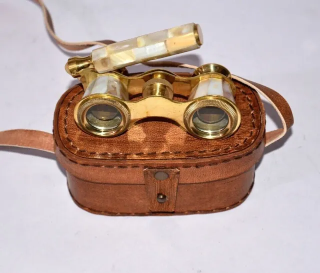 Antique Vintage Opera Glasses Mother Pearl Brass Binocular with Leather Case.