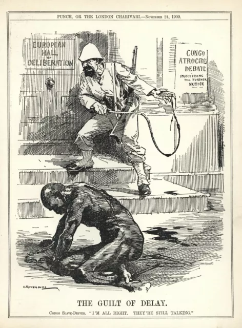 RARE 1909 Cartoon - CONGO ATROCITIES Belgium LEOPOLD II CRIMES - Bullwhipped MAN