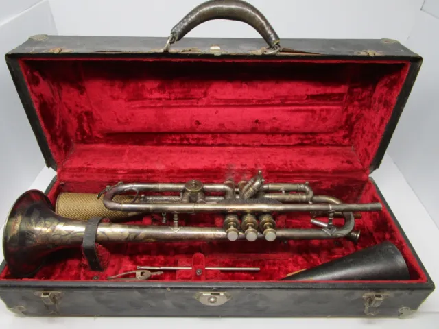 Antique J.W. York & Sons Silver Trumpet Grand Rapids MI Orig Case & Accessories