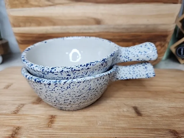 2 Vtg Monmouth USA Maple Leaf Pottery Crock Handled Soup Bowls Speckled Blue