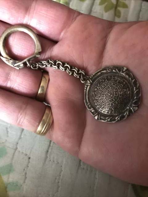 Vintage Sterling Silver Keychain With Mayan/Aztec Calendar Pendant!