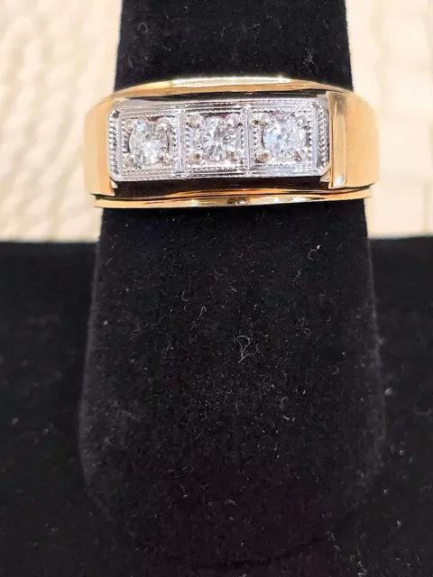 RARE NEW VINTAGE Men's Solid 14K Gold 3 Diamond Ring Near .70 ct. VS1 G ...