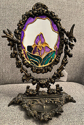 Vintage Vanity Table Cast Iron Oval Victorian Mirror Gold Color Flowers Birds