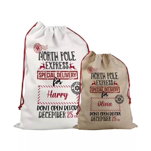 Personalised Santa Sack Father Christmas Bag Stocking Presents Gift Pole Express