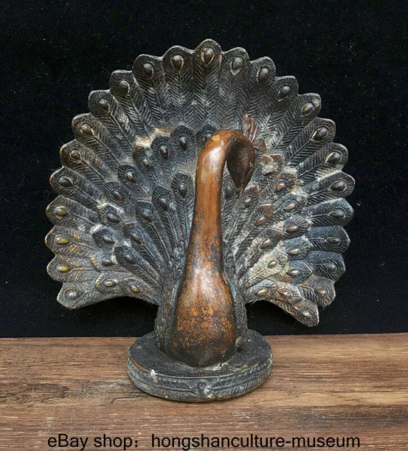 7.2 " Ancient China Bronze Fengshui Animal Peacock Bird Wealth Statue