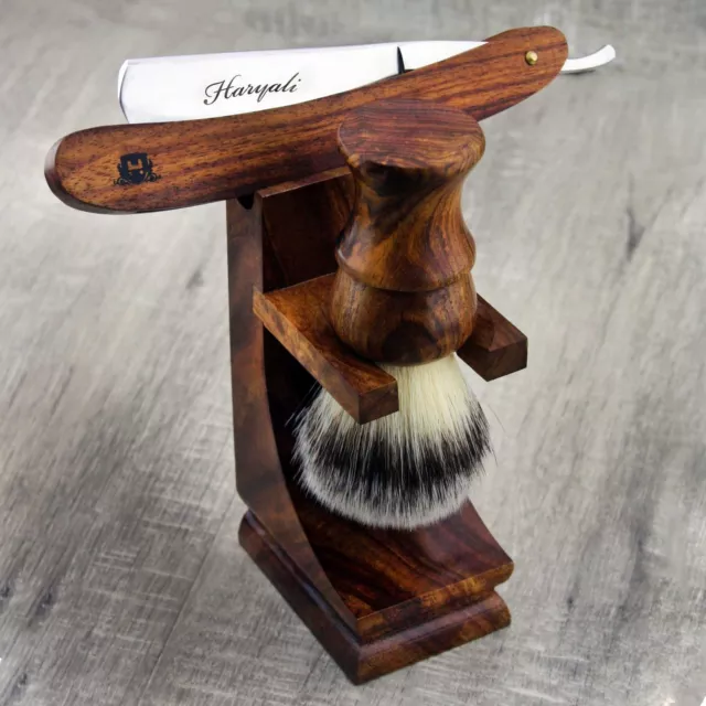 Wooden Shaving Set For Men's With Synthetic Hair Brush & Wooden Straight Razor.