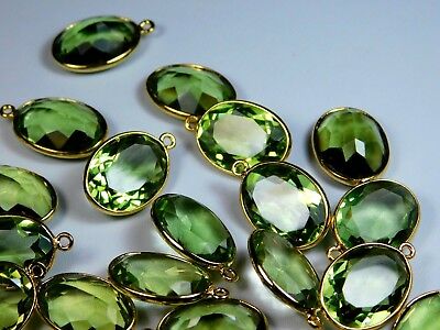 AAA+Pair Of Hydro Green Amethyst Faceted Oval Gold Plated Charm Bezel Connectors