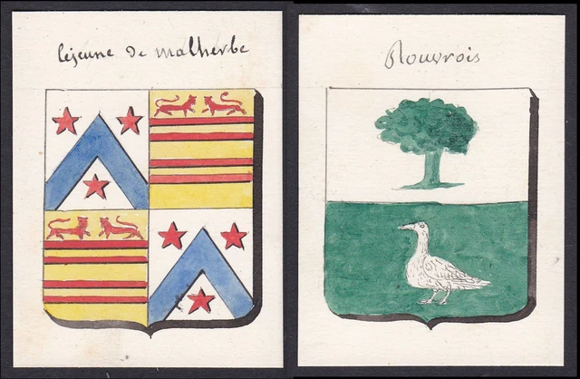 19. Siglo Malherbe Rouvroy Rouvrois Francia Escudo Abrigo De Arms Acuarela