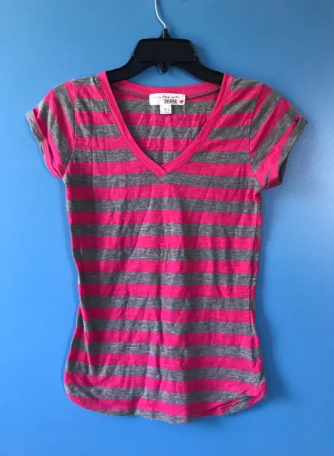 Derek Heart Womens V-Neck Striped Tee T-shirt Pink/Gray Medium