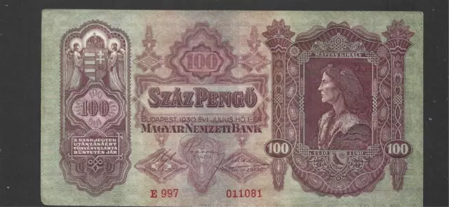 100 Pengo Very Fine  Banknote From  Hungary  1930  Pick-98
