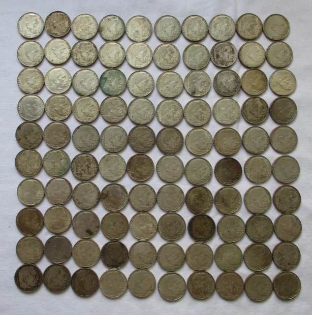 100 Stück 2 Reichsmark Silber Münzen Hindenburg mit HK (123074)