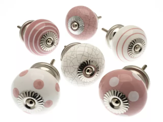Pink and White Dot and Stripes and Crackle Ceramic Kitchen Cupboard Knobs x 6