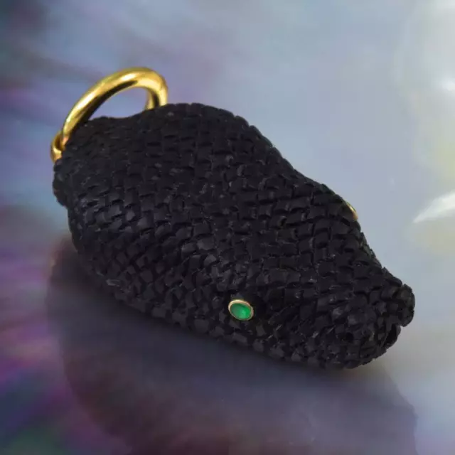 Snake Head Pendant Black Horn Carving Gold Vermeil & Emerald Eyes 7.87 g