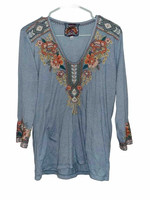 Johnny Was S Blue Tunic Embroidery Flowers Long Top Blouse Shirt Embroidered