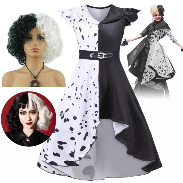 Girls Kids Cruella de Vil Costume Fancy Dress Wig Halloween Cosplay Party Outfit