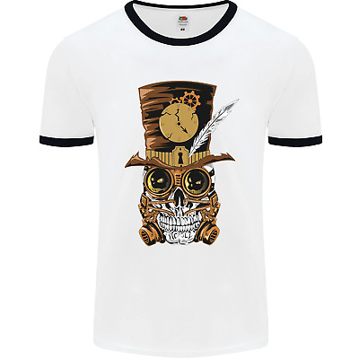 Steampunk Skull Mens White Ringer T-Shirt