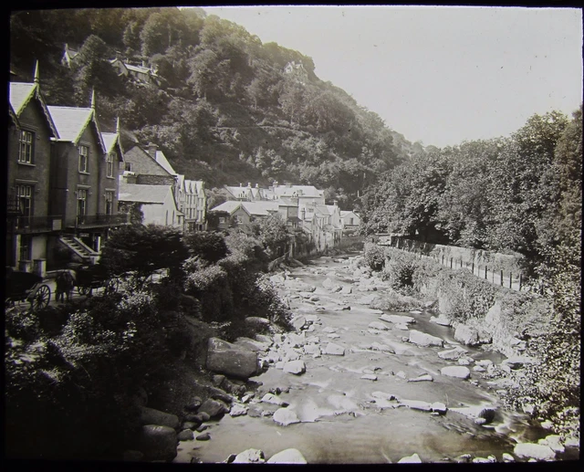 Glass Magic Lantern Slide LYNMOUTH TOWN FROM LYNDALE BRIDGE C1890 PHOTO DEVON
