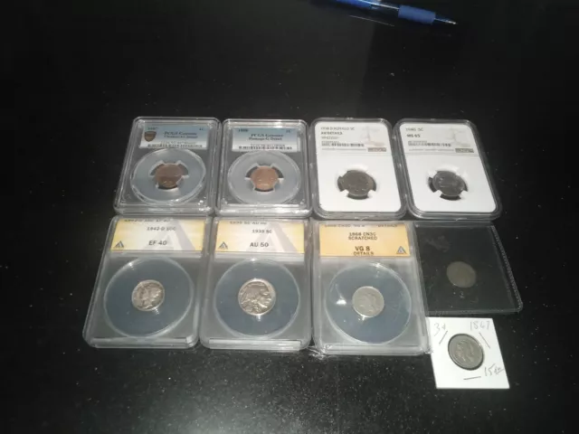 Lot Of 9 PCGS,NGC,ANACS Mixed Coins-BUFFALO/Nickels, Indian Head, Dime, 3 Cents