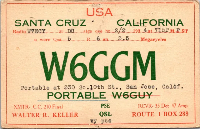 1934 W6GGM Santa Cruz California Ham Radio Amateur QSL Card Postcard Vtg