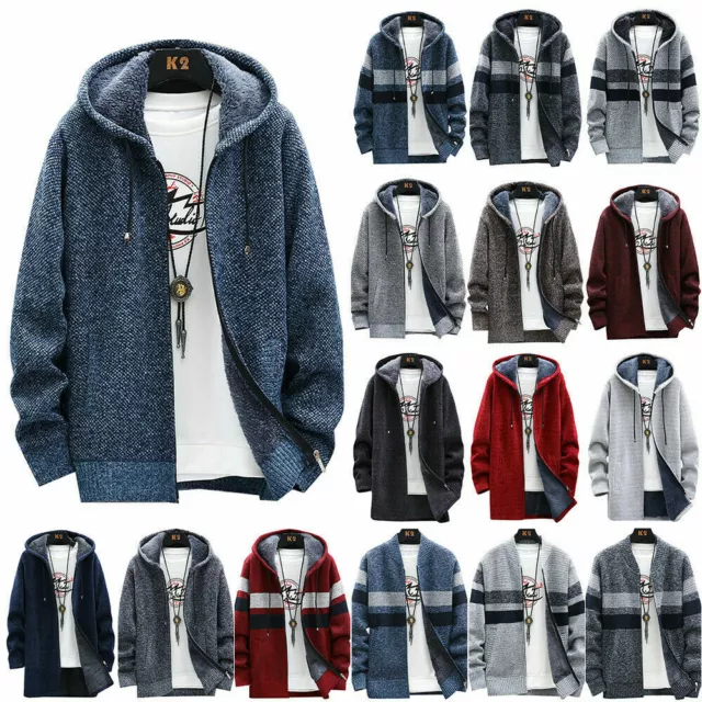 Men Drawstring Thick Warm Fleece Lined Hoodie Zip Coat Jacket Sweatshirt Tops UK