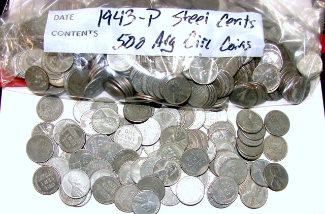 1943-P  Lincoln Wheat Cent Steel Pennies Lot Of 500 Average Circulated Coins