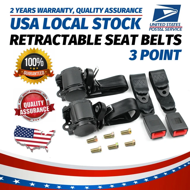2x 3 Point Retractable Safety Seat Belt Straps Car Vehicle Adjustable Belt Kit