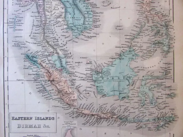 Southeast Asia Siam Borneo Birmah Sumatra China 1854 S. Hall map old hand color 2