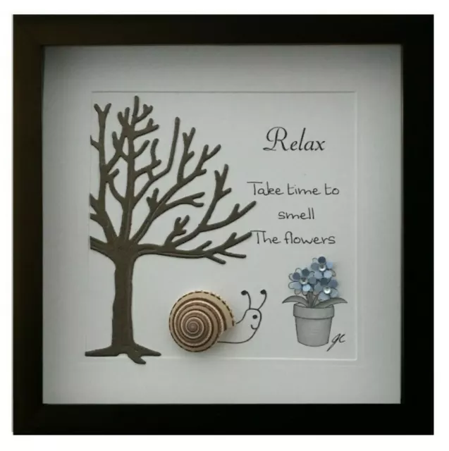 Pebble Art Picture Snail Shell Flowers 3D Black Framed Gift Birthday Anniversary