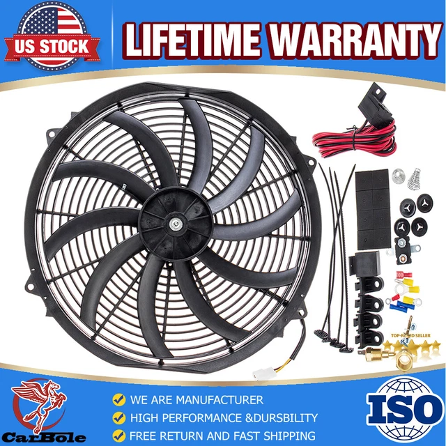 Black 3500CFM 16'' Electric Radiator Cooling Fan 12V Thermostat Relay Switch Kit Black 3500CFM 16'' Electric Radiator Cooling Fan 12V Thermostat Relay Switch Kit