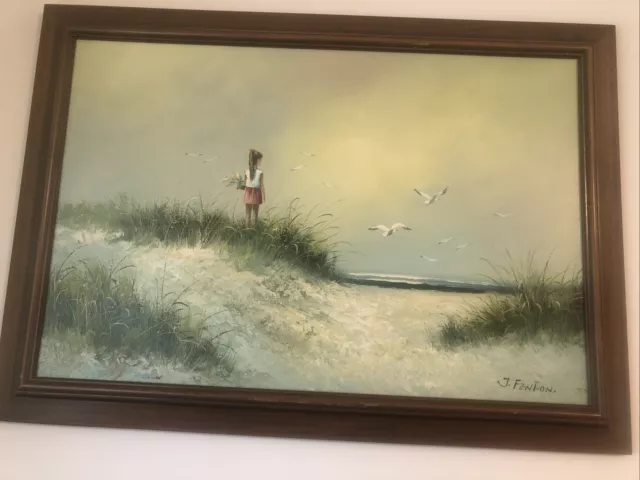 GIRL ON BEACH SCENE Oil Painting by J. Fenton Signed 24” X 30” Framed