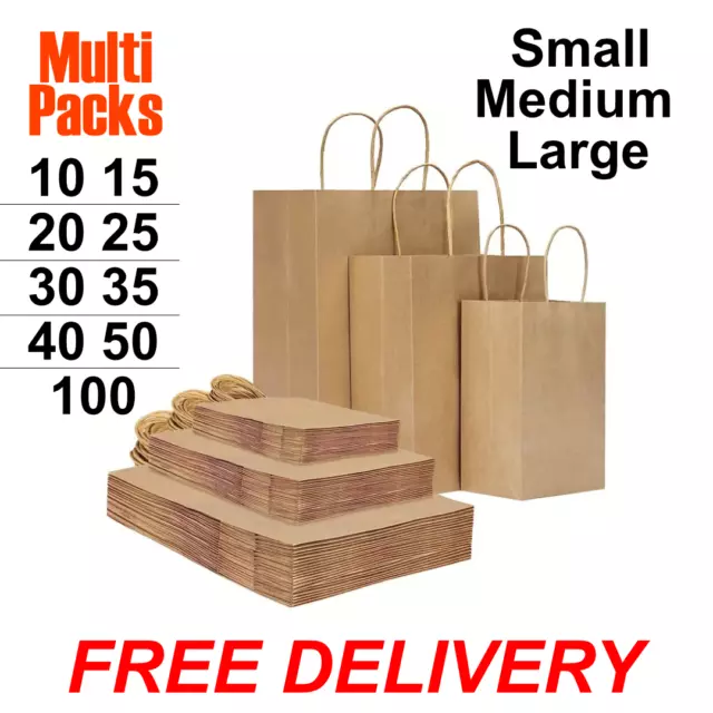 Brown Paper Bags with Handles Party Bags Food Takeaway Gift Kraft Carrier Strong