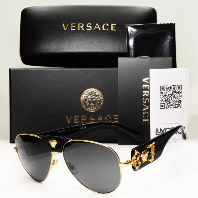 Versace Sunglasses Black Gold Pilot Medusa Leather Ornate MOD VE 2150-Q 1002/87