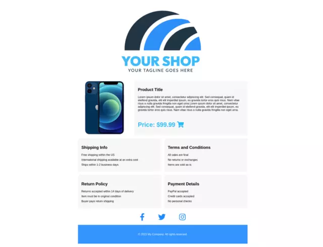 Professional advanced eBay HTML CSS Listing Template Mobile friendly and Logo