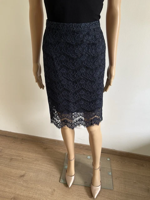 Jupe Mi-longue Plissée évasée Etam Bleu Marine à Pois - Taille 38/40, Fabriqué En France, Occasion Très Bon état