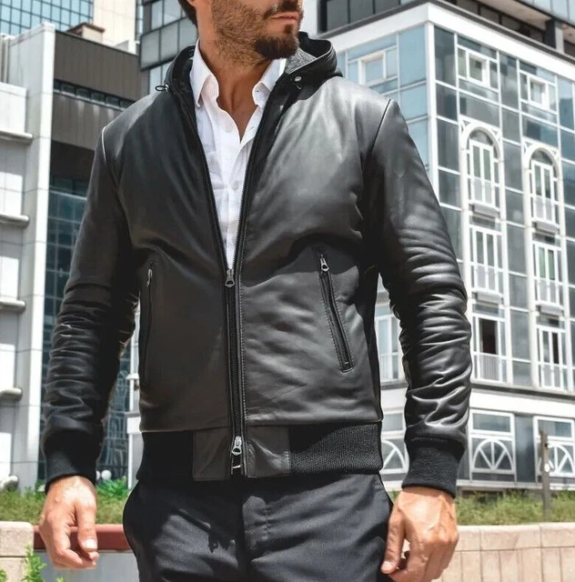 Black Leather Jacket Men Bomber Hood Lambskin Size XS S M L XL XXL Custom Made