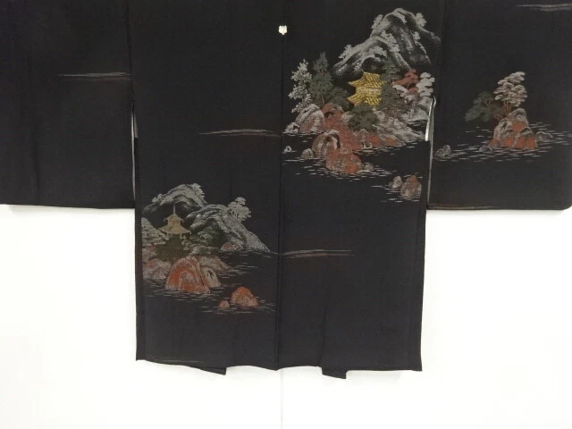 97830# Japanese Kimono / Antique Haori / Urushi / Woven Scenery Of Temple