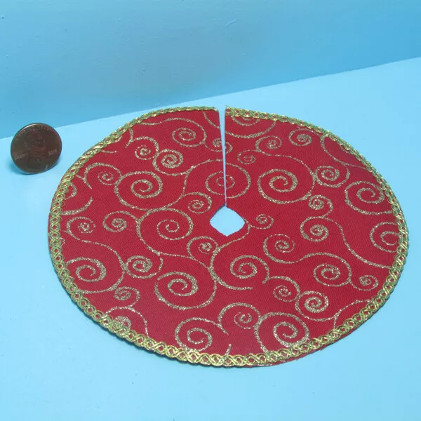 Dollhouse Miniature Christmas Tree Skirt Red with Gold Spiral Design SH0063