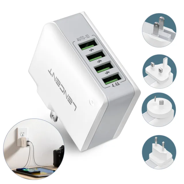 LENCENT Power Charger 4 USB Charger with Worldwide Plugs AU/EU/US/UK Adapter
