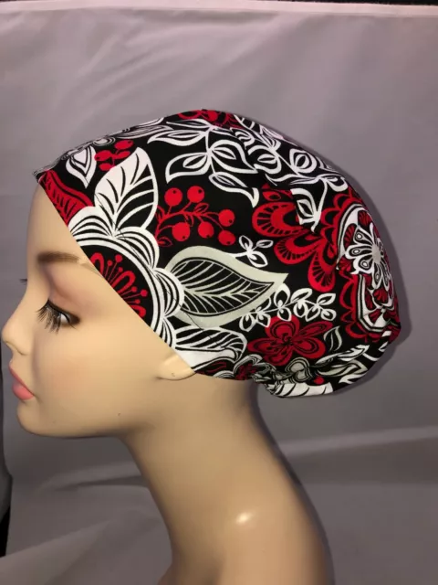 Euro Scrub Hat Mod Flowers Surgical Cap CNOR CHEF CRNA MD Veterinarian Red Black 3