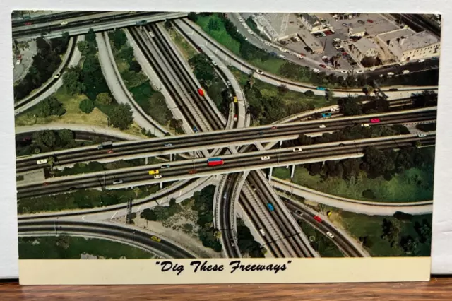 Downtown Los Angeles CA Vintage Postcard Dig These Freeways Aerial View