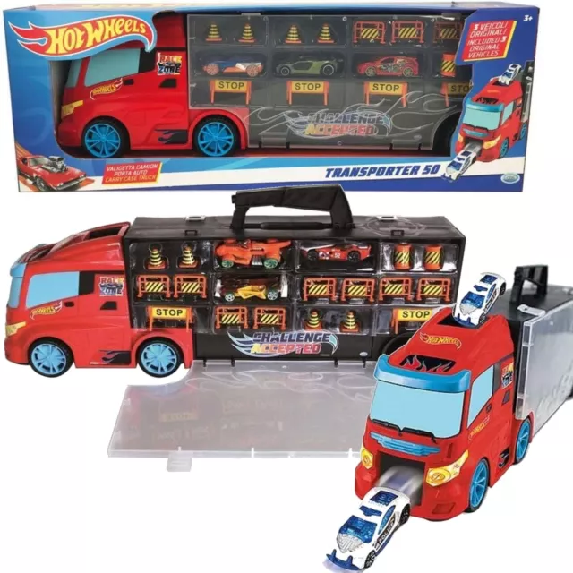 Hot Wheels Truck Transporter 50 rotes Fahrzeug + Autos und Straßenzubehör