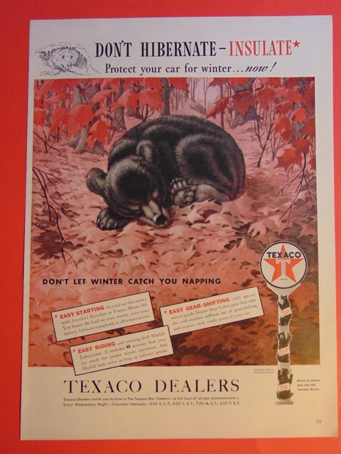 1939 TEXACO DEALERS BEAR Don't Hibernate-Insulate! vintage print ad