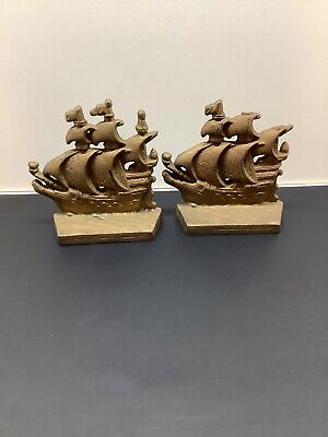 Antique vtg pair cast iron sailing pirate ship bookends brass color EUC