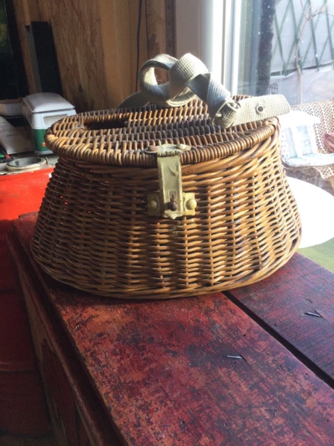 Panier en osier Creel de pêche vintage, bandoulière poche cuir et