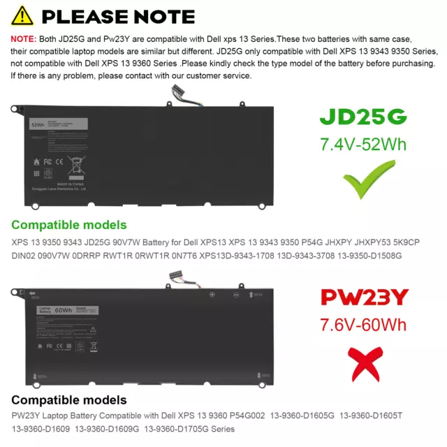 Batterie JD25G pour DELL XPS Serie 13 9343 9350 P54G P54G001 P54G002 90V7W 7.6V 2