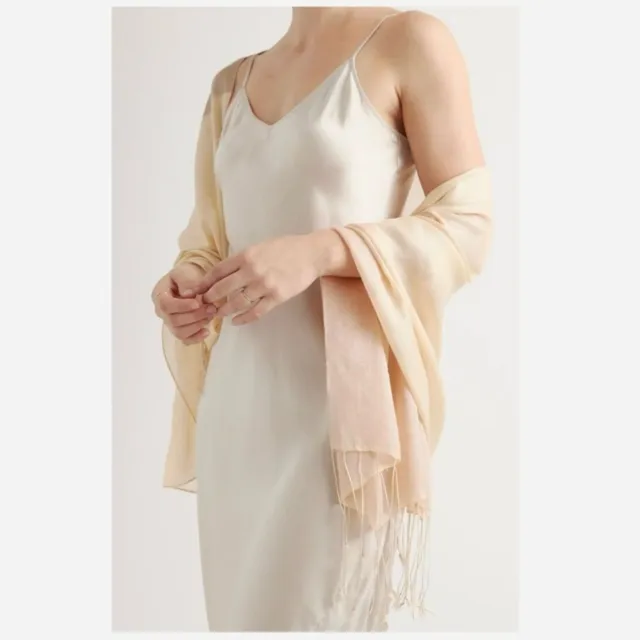 Quince Featherweight Silk Cashmere Colorblock Scarf in Beige Apricot and Ivory