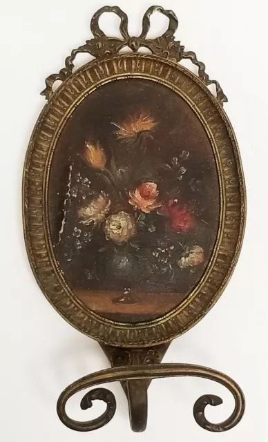 Antique Italian Hand Painted Floral Still Life Brass Hat Coat Hook Rack w/ Bow