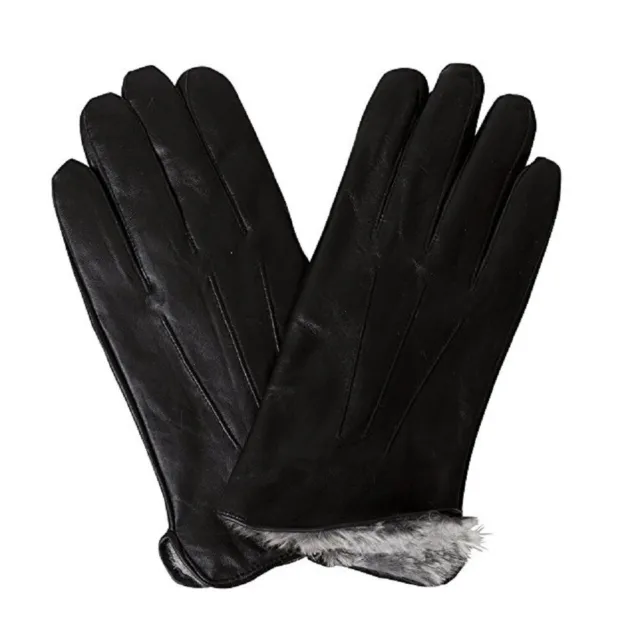 Men's Rabbit Fur Lined Genuine Soft Black Leather Gloves
